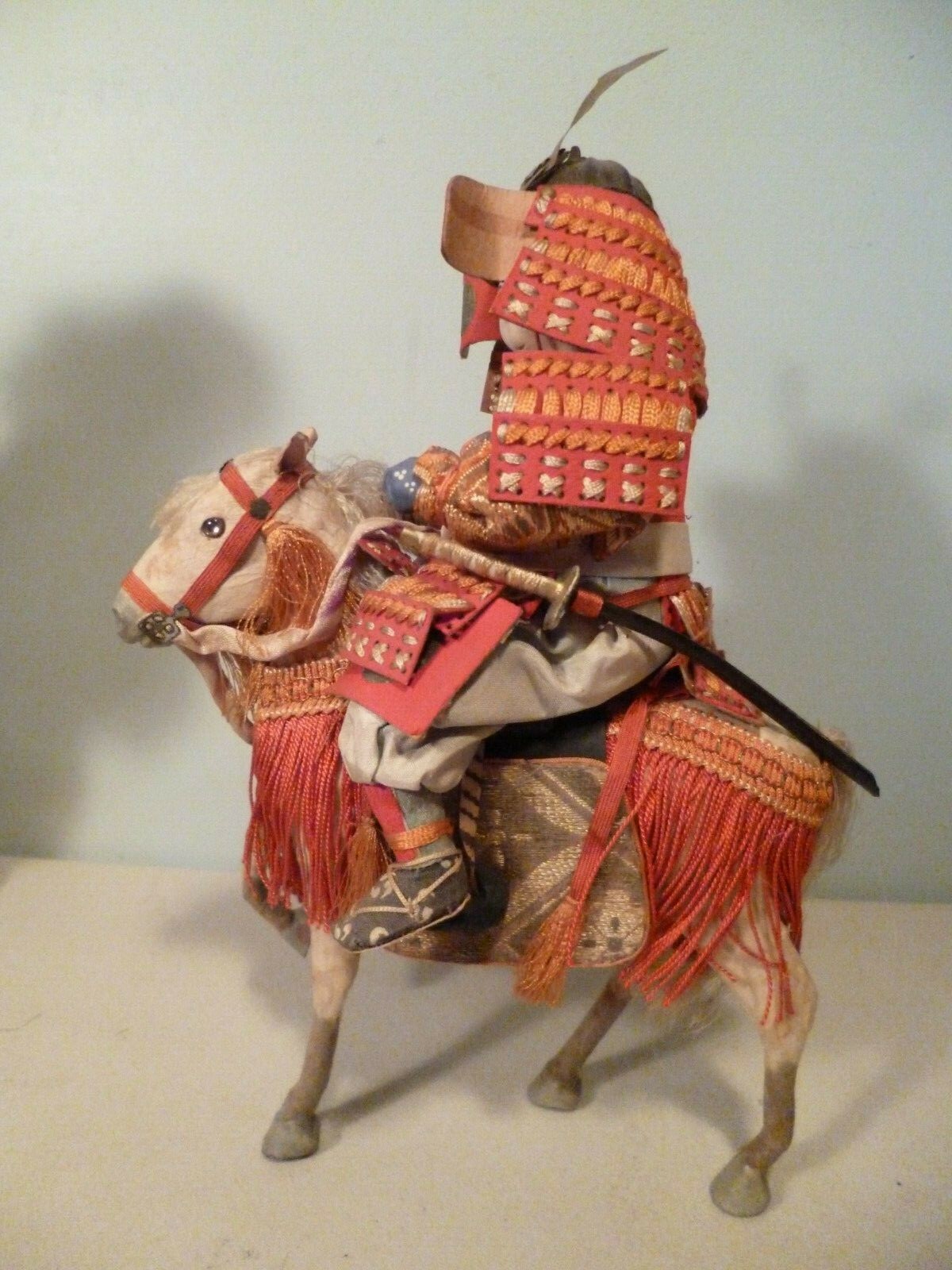 ANTIQUE JAPANESE BOY WARRIOR MOUNTED ON HORSE BOTH HAVE GLASS EYES