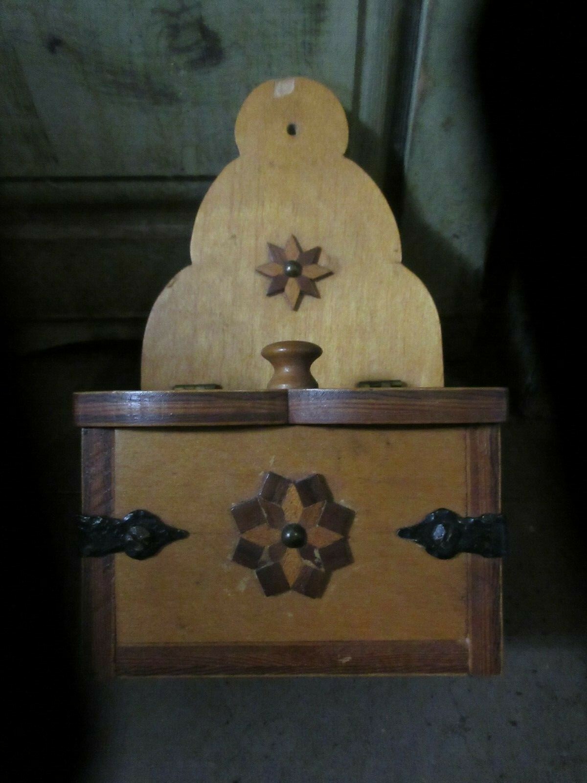 Vintage Folk Art Hand Made Wooden Spice Box - Wall Hanging IRON INLAID