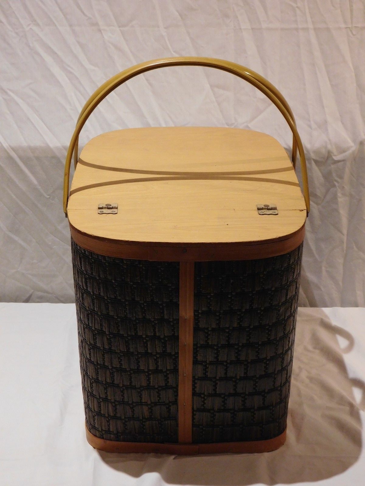 Vintage Wicker Picnic Basket w/ Folding Metal Arms