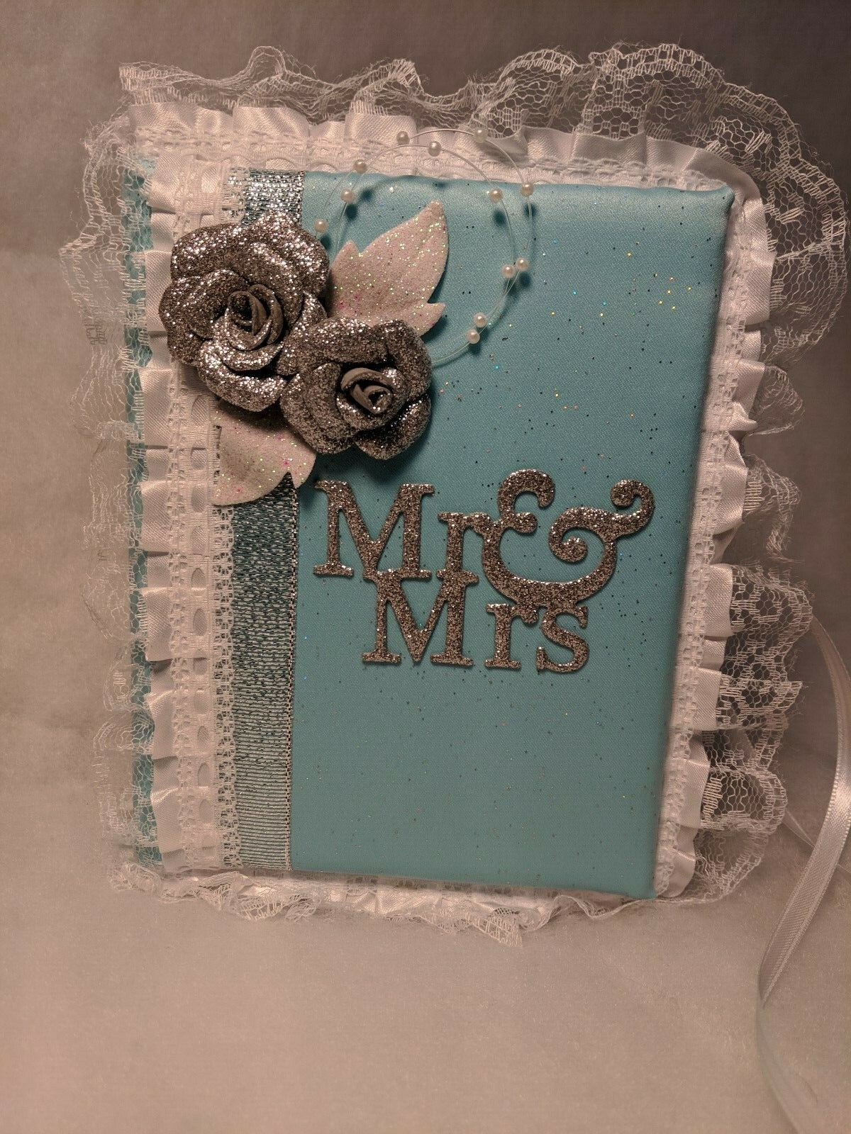 Wedding Photo Album, Sky Blue with Silver Sparkle Satin Wedding Album, Custom