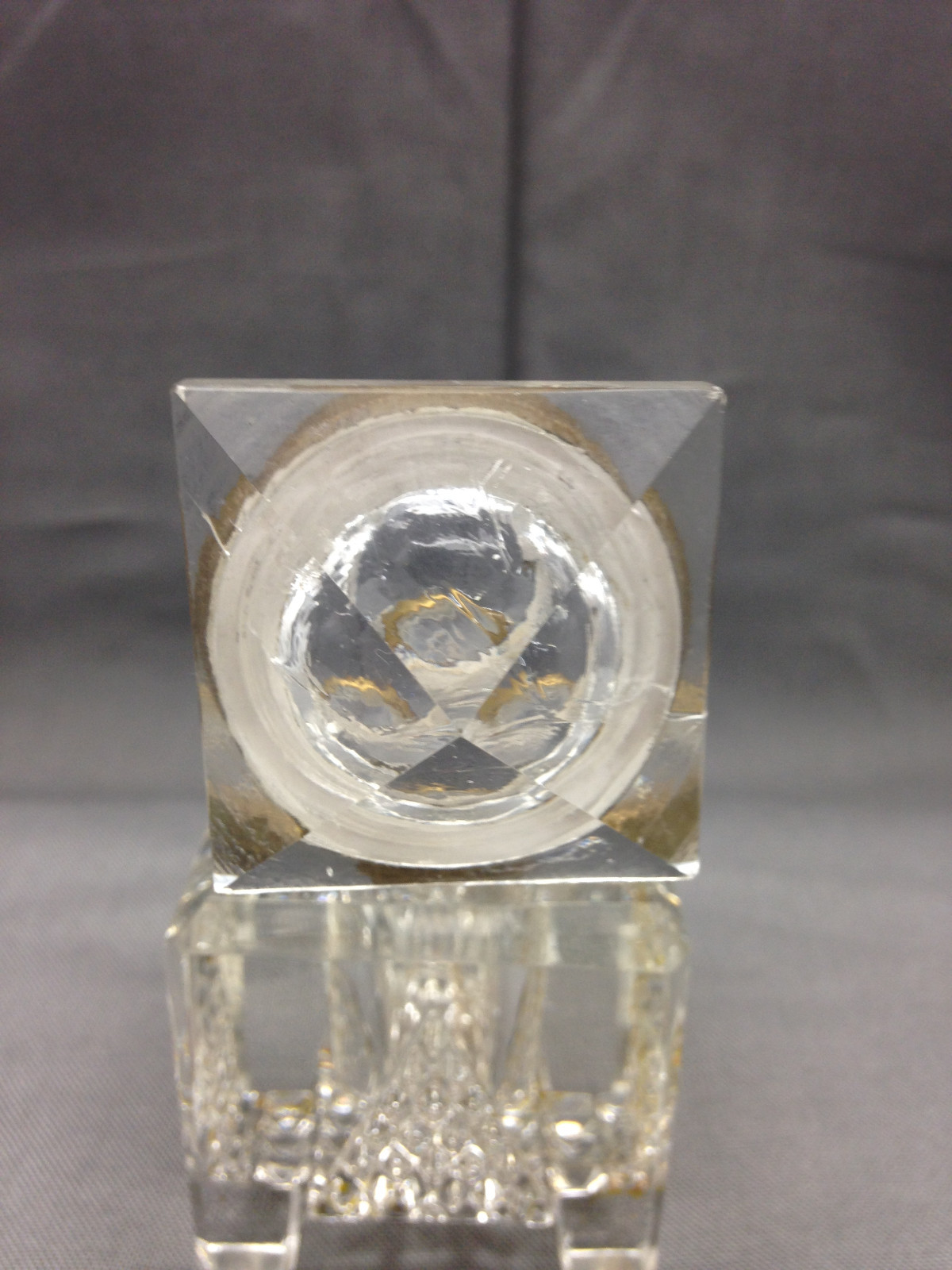 Cut Glass & Brass Ink Well Pyramid Hinged Lid Square Base Four Footed Vintage