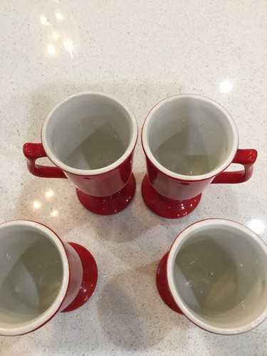 4 RARE RED Vintage Hall Pottery Latte Irish Coffee Footed Mugs
