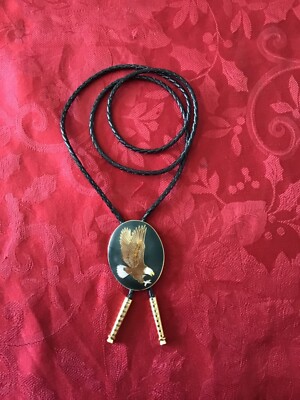 Eagle Bolo Tie With Leather Strings and Brass Tips- new