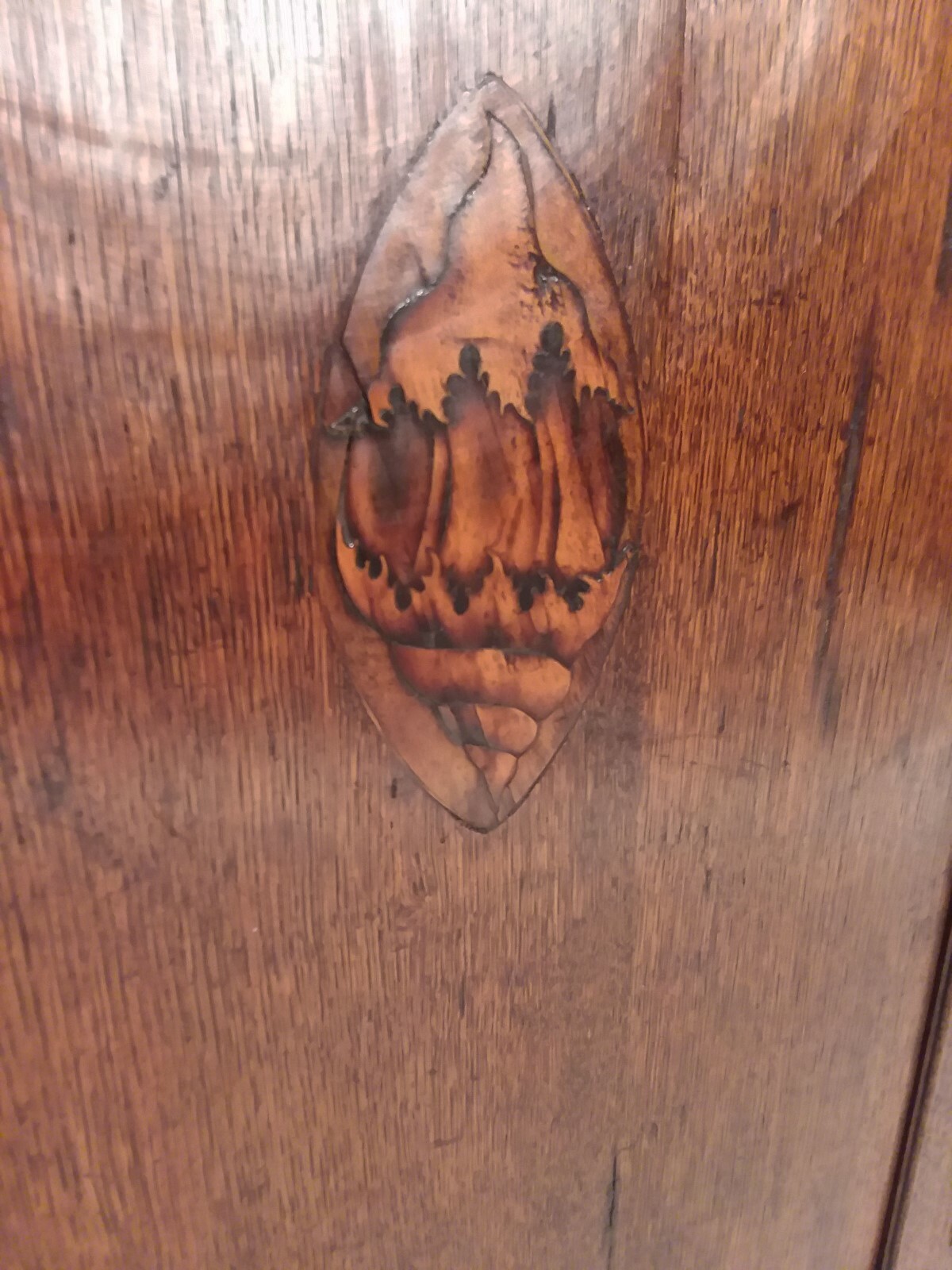 19th C. English Oak Hanging Corner Cabinet with Inlay Shell Motif Gorgeous