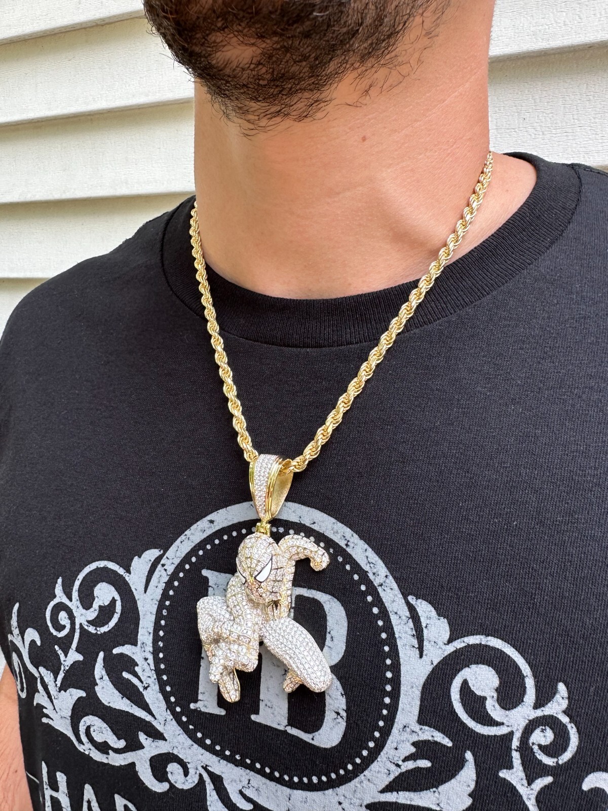 Pre-owned Harlembling Moissanite Real 925 Silver/14k Gold Plated Large Iced Spiderman Pendant Necklace In White