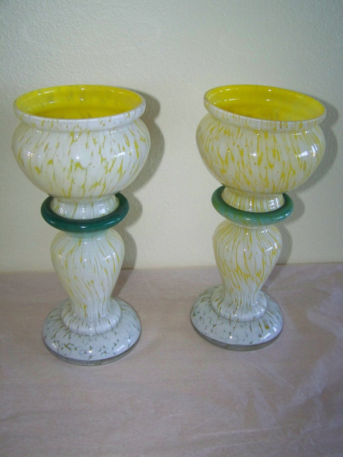 Vintage Or Antique Spatter Glass Vases With Enamel Paint Design
