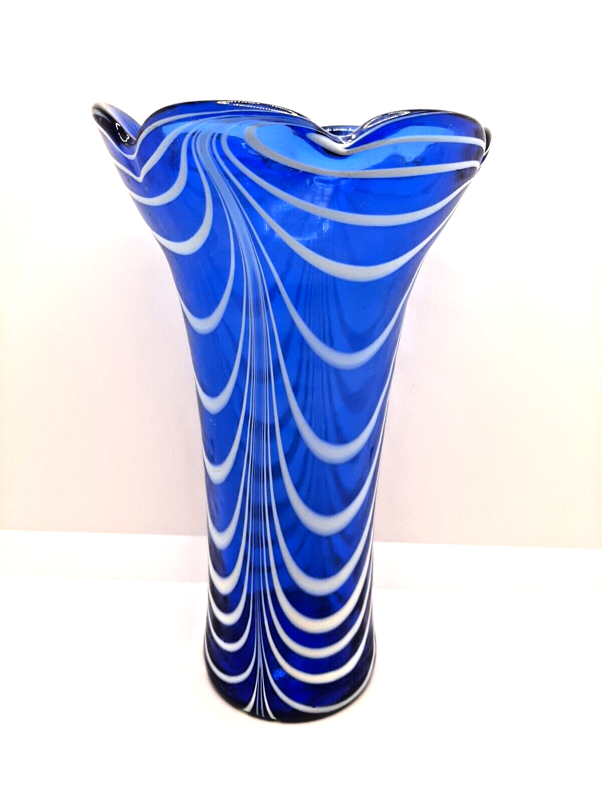 Vintage Glass Vase Blue White Empoli Style Tuscany Mid Century 70s Rare Decor