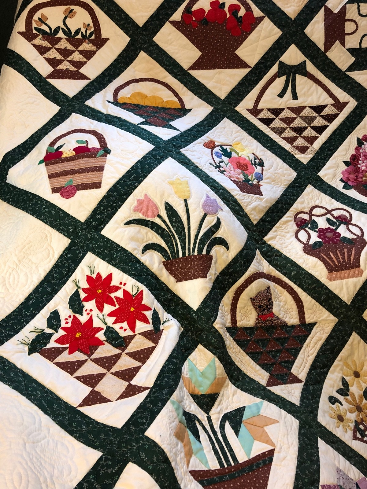 Hand-Quilted Applique Baltimore Basket Queen-Sized Quilt