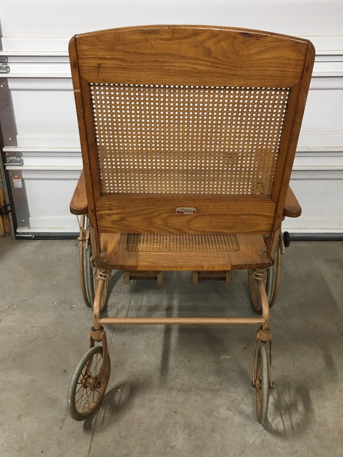 ORIGINAL Antique Vintage WOODEN WICKER WHEELCHAIR Arrow 4 wheeled Erie Penn OLD