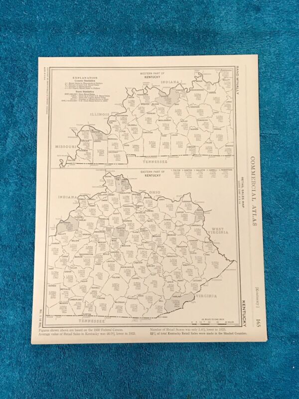 1933 KENTUCKY Retails Sales In Each County Map, Commercial Business Atlas