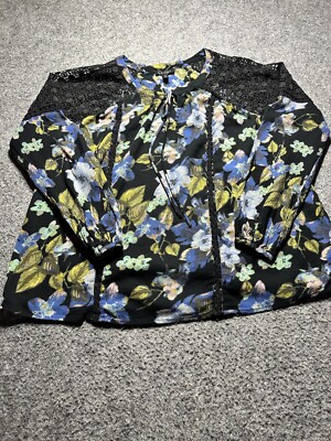 Jessice Simspon Women's Size M Tunic Top Long Sleeve Eyelet Lace Trim Floral