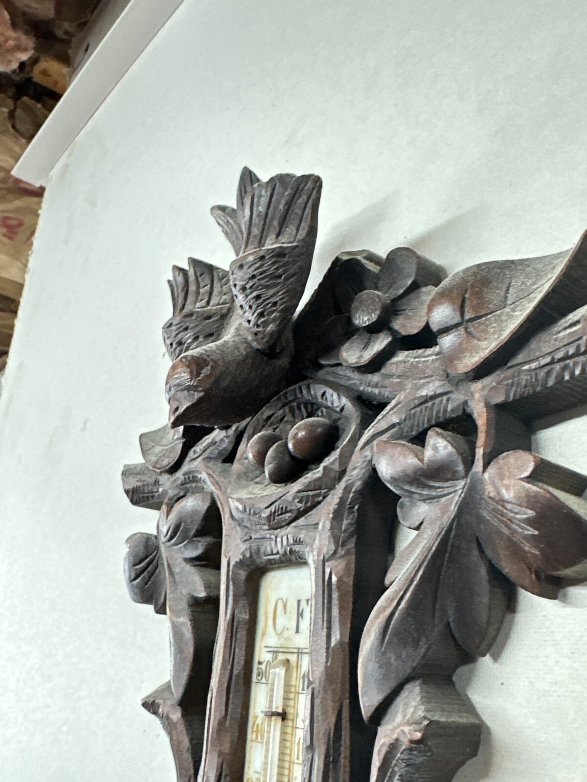 antique black forest barometer carved birds p.m  tamson ornate