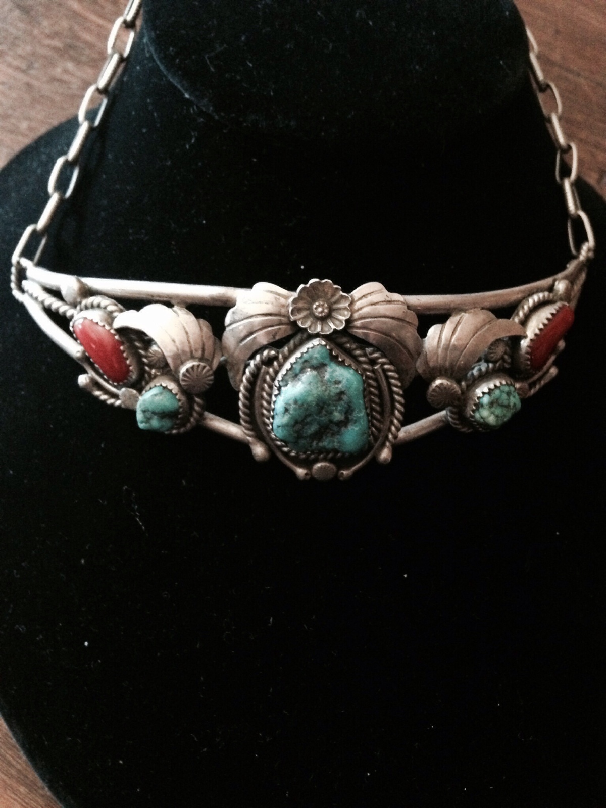 Old Zuni Choker with Natural Turquoise and coral. The sterling chain is hand mad
