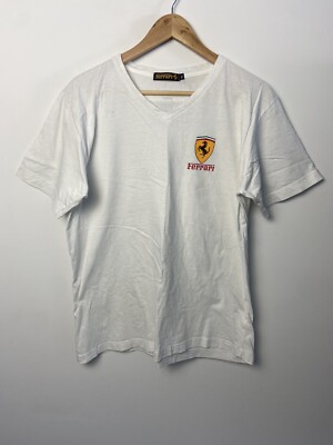 Ferrari Basic V Neck T Shirt Top Size XL White Double Sided Graphic
