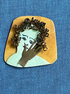 Unique and Rare Vintage Handcrafted Mixed Media  Face  Pin By Whitney Designs