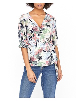VERO MODA Womens Ivory Belted Ruffled Elbow Sleeve Surplice Neckline Wrap Top XS