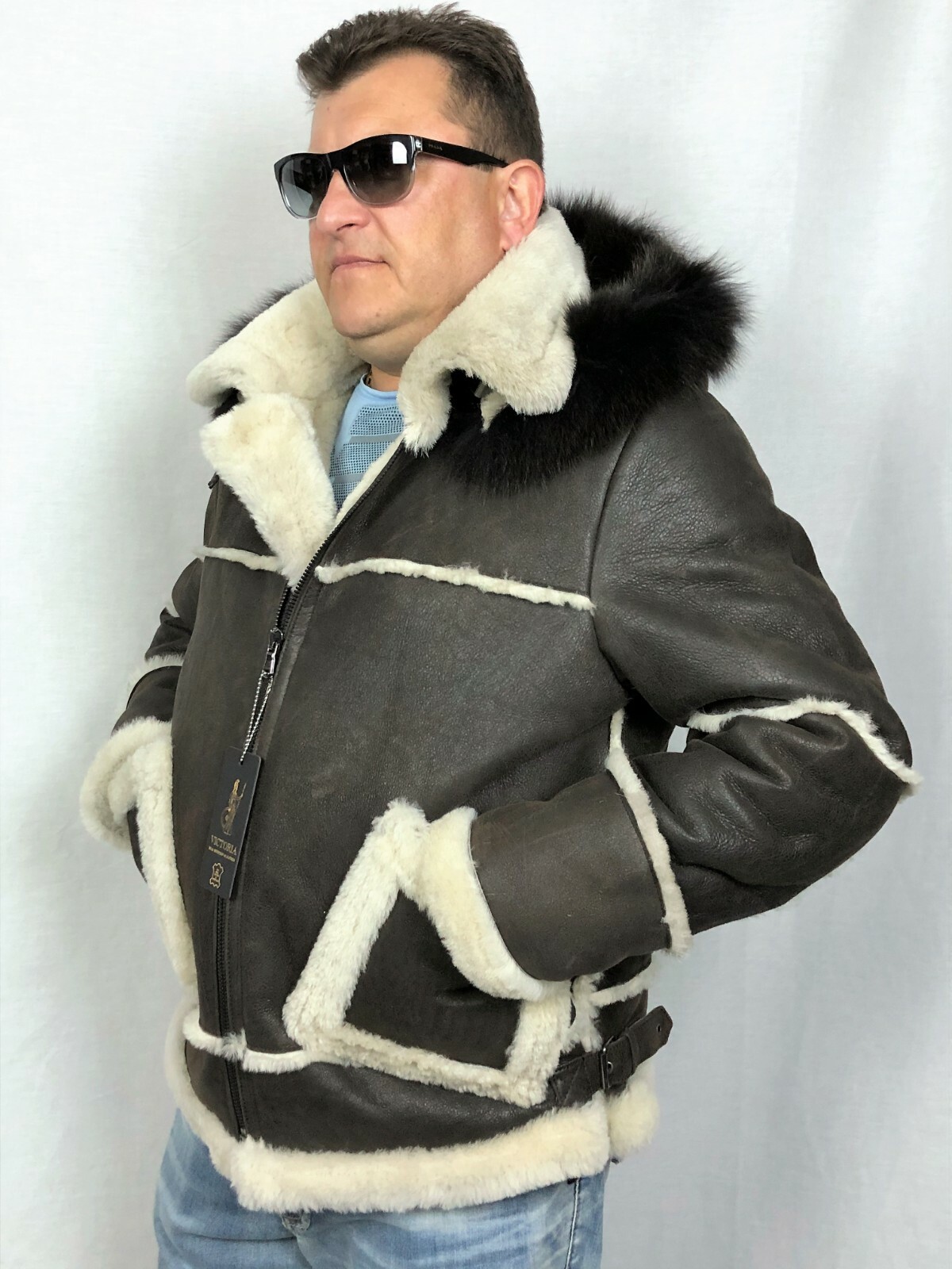 Pre-owned Victoria Brown 100% Sheepskin Shearling Leather Real Fox Pilot B3 Coat Jacket Xs-8xl,