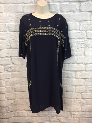 NWOT Sita Murt Navy Viscose Gold Embroidered Half Sleeve Lined Shift Dress Sz 38