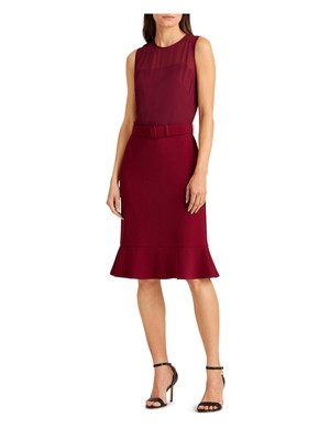

Женское бордовое платье-футляр без рукавов до колен RALPH LAUREN с поясом, Burgundy