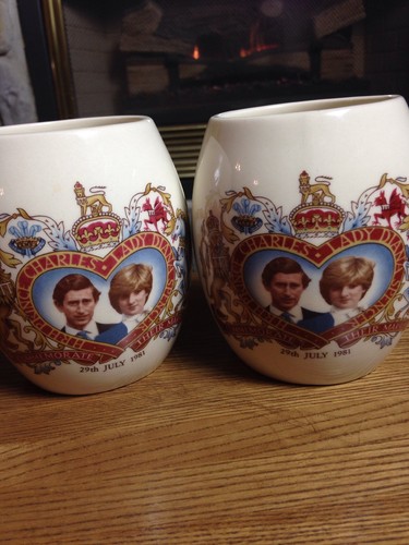 RARE VTG HOLKHAM ENGLAND OWL STYLE MUGS PRINCE CHARLES LADY DIANA MARRIAGE 1981