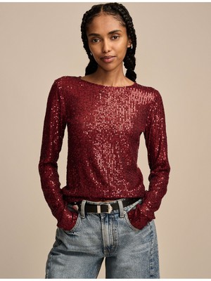 LUCKY BRAND Womens Maroon Sequined Sheer Long Sleeve Round Neck Blouse XS