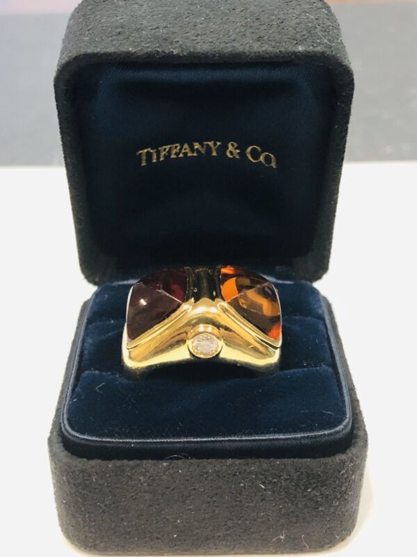 Tiffany & Co. Rare 18k Yellow Gold Heavy Rubellite Citrine Diamond Ring ~ 24gr
