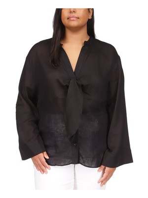 MICHAEL MICHAEL KORS Womens Black Tie Long Sleeve V Neck Button Up Top Plus 2X