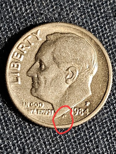1984 P Dime Errors Struck Off Center, Filled In Mint Mark