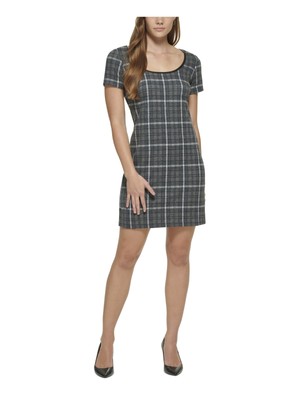 CALVIN KLEIN Womens Gray Unlined Plaid Short Sleeve Short Party Sheath Dress 10