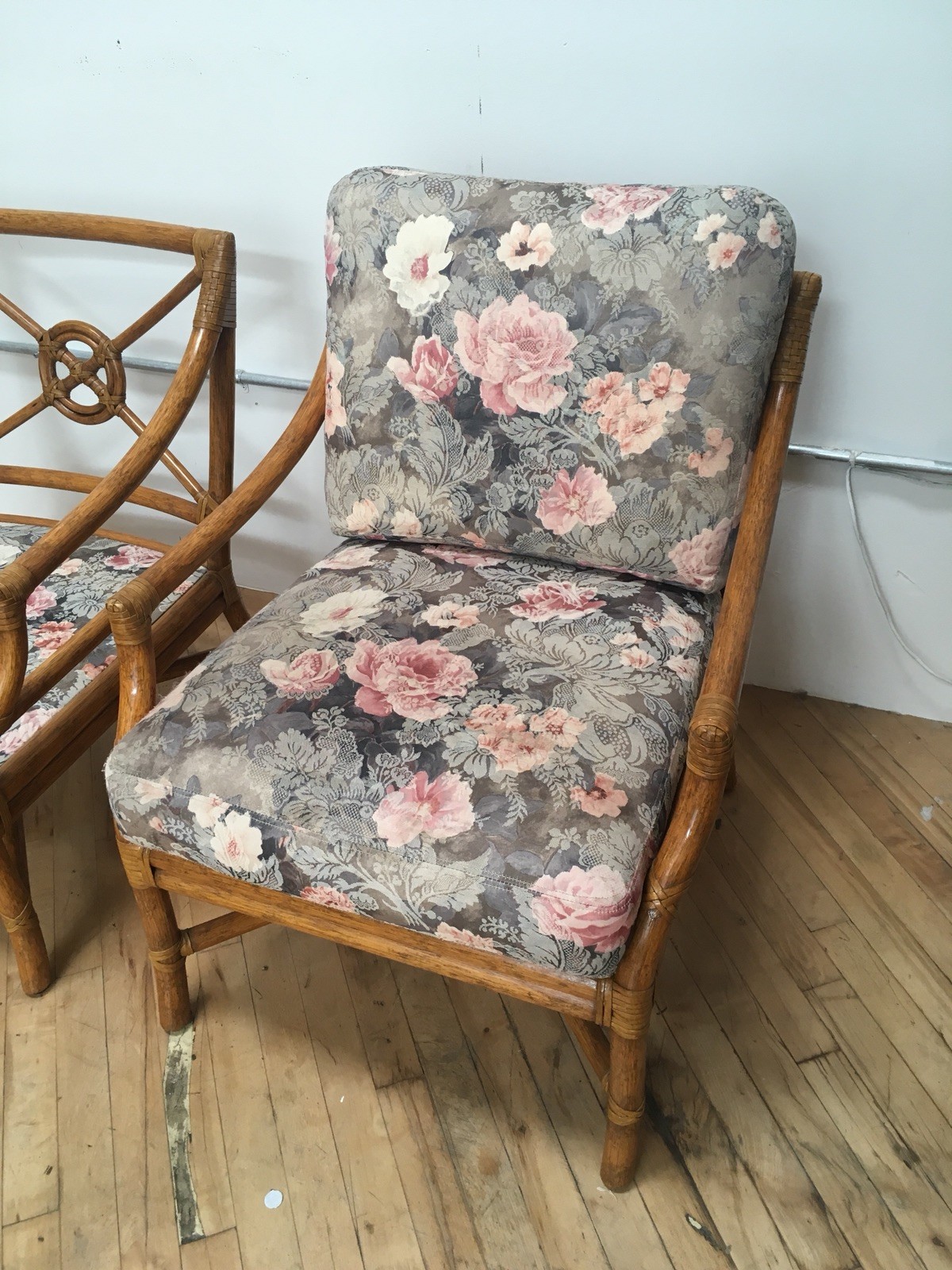 McGuire Rattan Target Back Lounge Chairs A-43, Bamboo Armchairs, Pair Accent