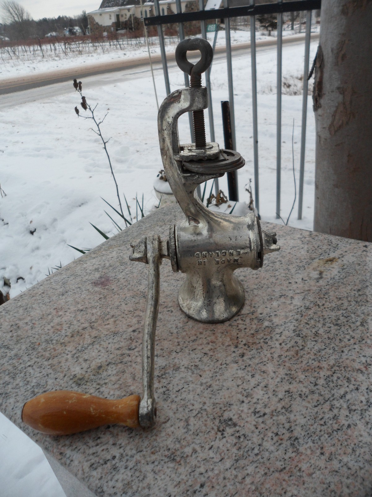 Vintage Meat Grinder Hand Crank Clamp Metal NO #8 Made in England Wood Handle