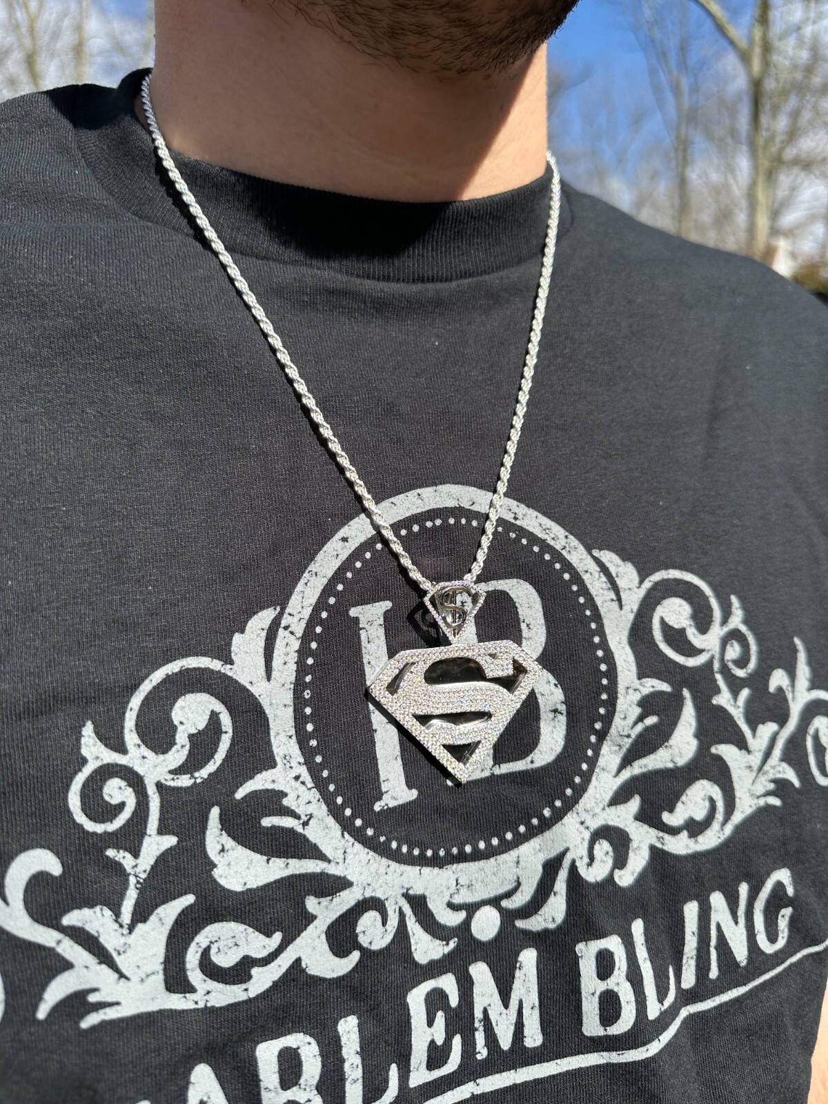 Pre-owned Harlembling Moissanite Real 925 Silver/gold Plated Iced Superman Superhero Pendant Necklace In White