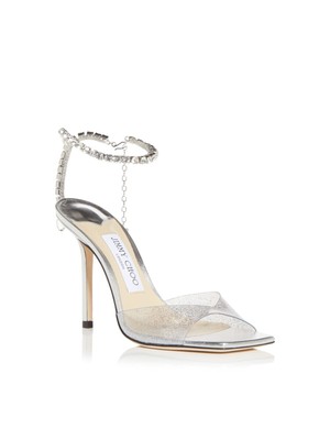 Pre-owned Jimmy Choo Womens Silver Glitter Saeda 100 Square Toe Stiletto Heeled Sandal 37