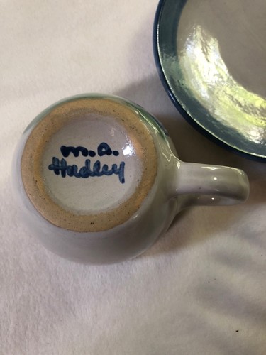 M A Hadley Pottery, Bull Cow Coffee Mug & Saucer Vintage Signed