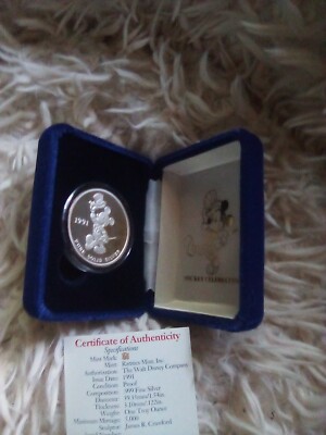1991  MICKEY MOUSE HAPPY BIRTHDAY AMERICA LIMITED   Pure Solid SILVER Coin