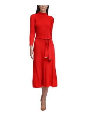 

CALVIN KLEIN Женское красное вязаное платье-свитер миди с рукавами 3/4 на работу, Красный