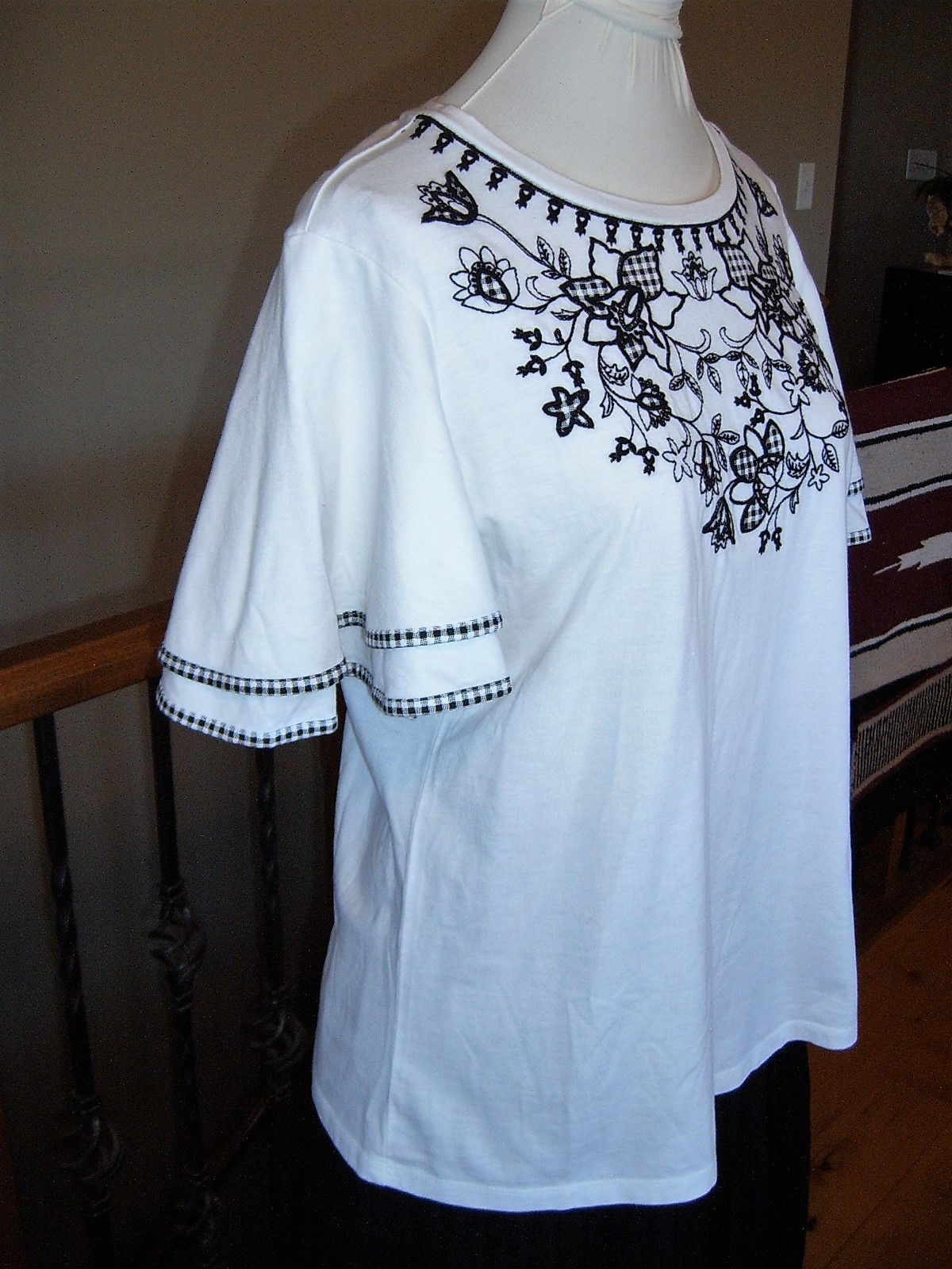 Charter Club Women's Top T-Shirt - Size L - Flared Sleeve Gingham Accent - NWT