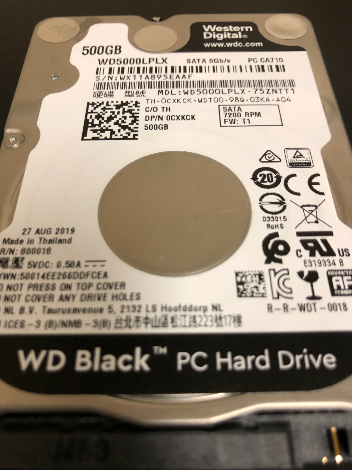 WD 0CXKCK 500GB HDD 7.2K RPM LAPTOP SATA Model: WD5000LPLX