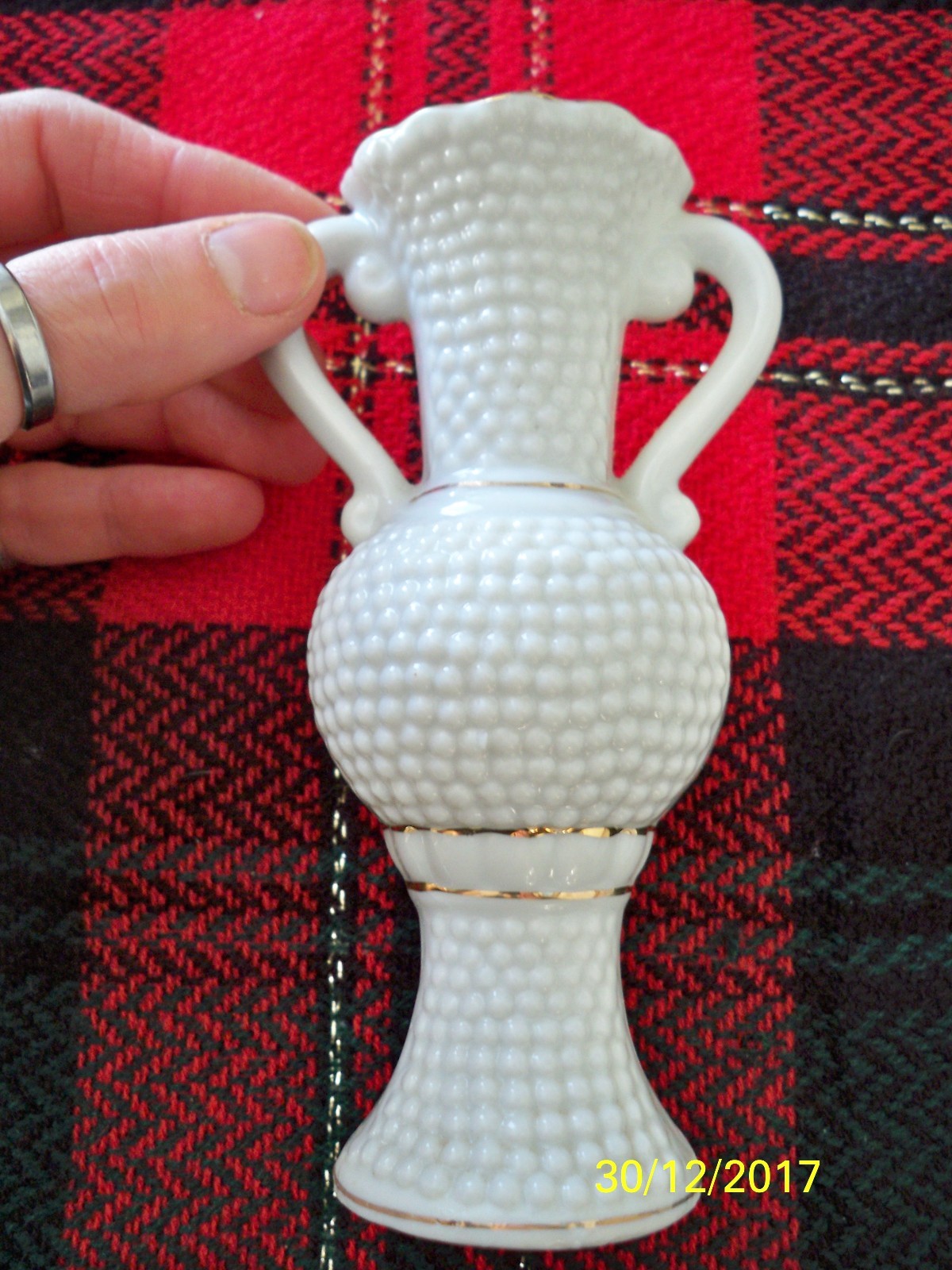 Vintage made in Japan Hobnail Style porcelain Vase with Applied Roses & gold