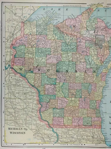 Vintage 1902 WISCONSIN MICHIGAN Map 22x14 ~ Old Antique Original KINGSFORD MAPZ