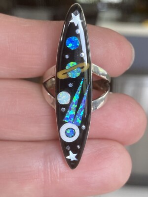 Galaxy Ring Starry Sky Gem Inlay 6 Black Onyx Opal Turquoise MOP SS SM Marquise