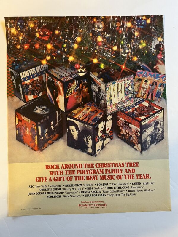 Vtg 1985 Ad Polygram Records Christmas featuring Kiss, Scorpions, Rush, Bon Jovi