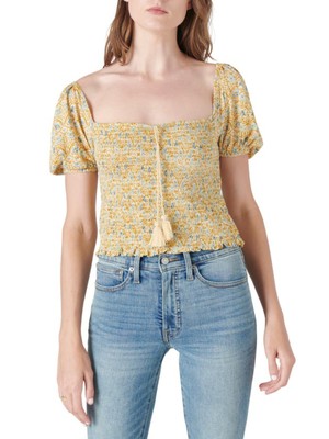 Женский бежевый топ с галстуком-бабочкой LUCKY BRAND, приталенный топ с коротким рукавом и квадратным вырезом S