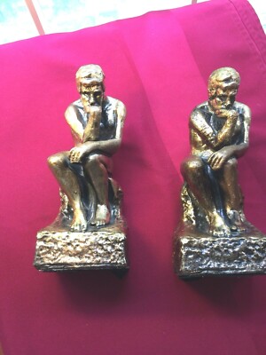 PAIR  FAUX WEATHERED BRONZE RODIN'S THE THINKER INSPIRED RESIN BOOKENDS