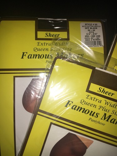3 Pair “Famous Makers” Pantyhose Size 3X-4X,  Suntan, Off Black, Off White