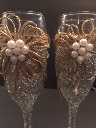 Rustic/ Country Wedding Party Reception Champagne Toasting Glasses Bride &Groom