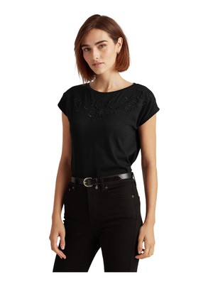 

LAUREN RALPH LAUREN Женский черный топ с круглым вырезом и рукавами-крылышками с вышивкой