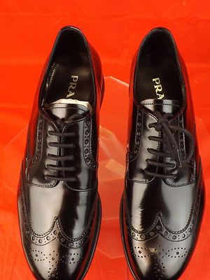 Pre-owned Prada 2ee061 Black Patent Leather Lace Up Wingtip Perforated Oxfords 10 11