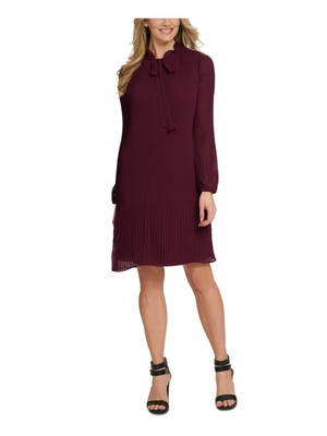 DKNY Womens Maroon Плиссированное платье прямого кроя с длинными рукавами и завязками выше колена DKNY 12