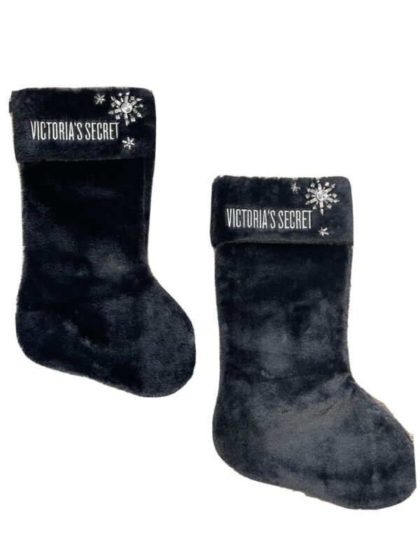 Victoria’s Secret Faux Fur Snowflake Christmas Stocking Rhinestone Black Large 2